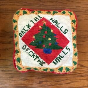Small Square Christmas Needlepoint Pillow Deck the Halls Velvet Back 7" x 7"